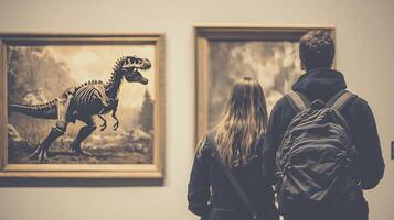 Couple Admiring Dinosaur Fossil Artwork in Art Gallery. photo