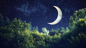 Crescent Moon over Lush Forest at Night. A serene image of nature's beauty under the starry sky. photo
