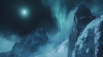 Majestic Night Scene of Snow Covered Mountains with Aurora Borealis. A breathtaking view of a winter landscape under the Northern Lights. photo