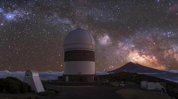 Observatory at Night with Milky Way and Volcanic Peak. A breathtaking astronomical landscape. photo