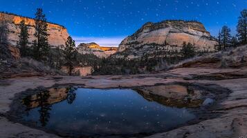 Starry Night Reflection in Zion National Park Canyon. A serene landscape photograph showcasing the night sky reflected in a tranquil pool of water amidst towering sandstone cliffs. photo