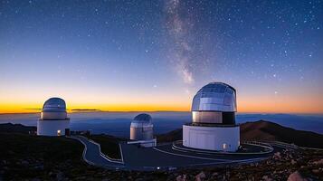 Observatories at Sunset with Milky Way Galaxy Above. A stunning night scene of astronomical research facilities under a starlit sky. photo