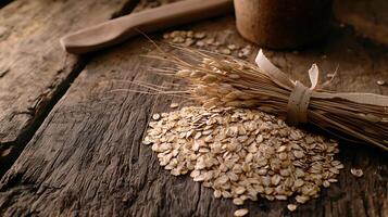 Rolled Oats and Wheat on Rustic Wooden Surface. A close up image of oats and a bundle of wheat stalks on a weathered wooden background. photo