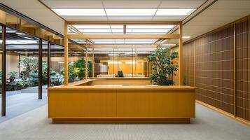 Modern Office Reception Area with Zen Garden View. A contemporary office interior featuring a light wood reception desk and tranquil Japanese-inspired design elements. photo