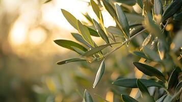 Close up of Olive Branch with Dew Drops at Golden Hour. A detailed image showcasing the intricate details of olive leaves bathed in warm sunlight. photo