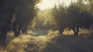 Golden Hour Path Through an Olive Grove Serene Landscape Photography. photo