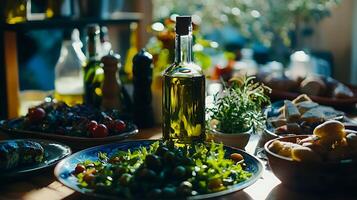 A bottle of olive oil sits on a table surrounded by fresh ingredients and prepared dishes, bathed in sunlight. photo