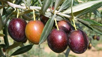 Ripe Olives on the Branch Close Up of Luscious Fruit Hanging from an Olive Tree. photo