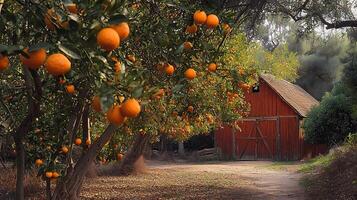Rustic Red Barn in an Orange Grove at Sunset. A picturesque autumn scene of a weathered barn nestled amongst vibrant orange trees laden with ripe fruit. photo