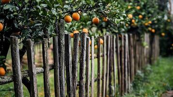 Rustic Wooden Fence with Ripe Oranges Hanging from Branches. A picturesque autumn scene of a weathered fence lined with vibrant citrus trees. photo