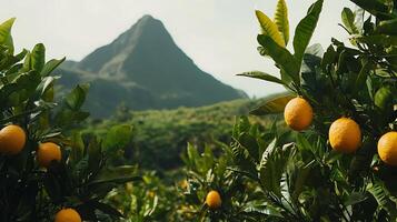 Ripe Oranges on a Tree Branch with a Mountain Background. A scenic image showcasing the beauty of nature and agriculture. photo