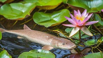 A Paddlefish Swims Serenely Among Water Lilies in a Pond. photo