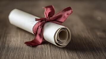 Rolled parchment tied with a burgundy ribbon on a wooden surface. A close up image of a symbolic document. photo