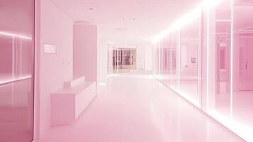 Pink Modern Office Corridor Interior Design Minimalist Architecture and Bright Lighting. photo