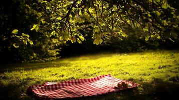 Idyllic Picnic Scene Red and White Checkered Blanket Under a Fruit Tree. photo