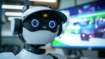Close up of a futuristic robot's head, illuminated sensors and a blurred technological background. photo