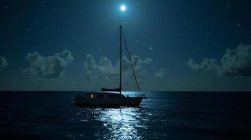 Sailboat at Night on the Ocean Under a Full Moon. A serene image of a yacht at anchor, illuminated by moonlight and stars. photo