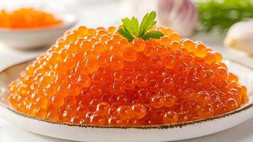 Close Up of a Pile of Salmon Roe on a Plate. A Garnish of Parsley Adds a Touch of Freshness. photo