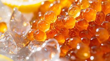 Close Up of Salmon Roe with Ice and Lemon. A Detailed Macro Photograph of Luxurious Caviar. photo