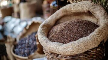 Close Up of Brown Seeds in a Burlap Sack, Rustic Market Setting. photo