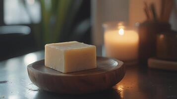 Close up of a bar of artisanal soap on a wooden dish, with a candle in the background. photo