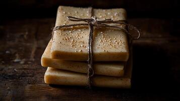 Aromatic Handmade Soap Bars Tied with Twine, Close Up on Rustic Wooden Surface. photo