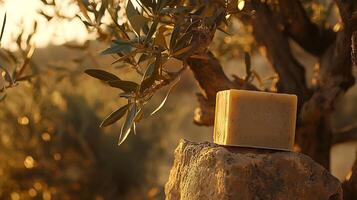 Olive Branch and Natural Soap at Sunset A Luxurious Spa Product Image. photo