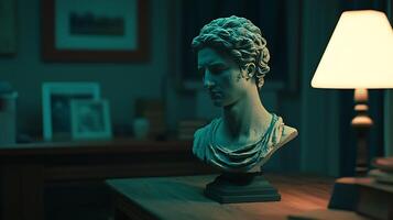 Classical Bust Sculpture on Wooden Table with Warm Lighting. A close up image of an antique looking bust in a dimly lit room. photo