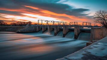 Dramatic Sunset over a Dam with Flowing Water. A stunning long exposure photograph capturing the vibrant colors of the sunset reflecting on the river. photo