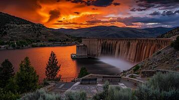 Dramatic Sunset over a Mountain Lake and Dam. A breathtaking view of fiery sunset colors reflected on the water. photo