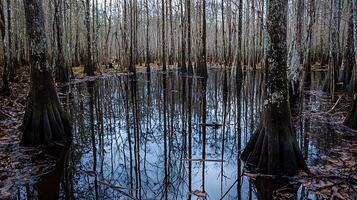 Cypress Trees Reflecting in a Swampy Water, Nature Photography. photo