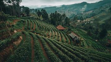 Serene Tea Plantation Landscape Rolling Hills and Rustic Houses. photo
