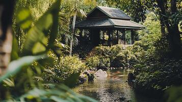 Serene Tropical Pavilion by a Koi Pond. A tranquil scene of a traditional Asian-style gazebo nestled within lush greenery, featuring a calming koi pond. photo