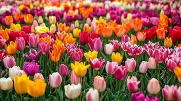 Vibrant Field of Colorful Tulips in Full Bloom. A close up view of a multitude of tulips in various colors. photo
