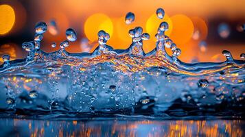 Abstract Water Splash with Vibrant Orange Bokeh Background. A close up image of water droplets creating a dynamic splash against a backdrop of blurred orange lights. photo