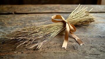 Rustic Still Life A Bundle of Wheat with a Golden Ribbon on Weathered Wood. photo