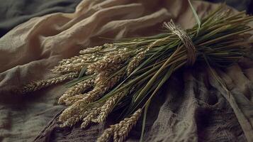 A Still Life of Wheat Sheaves on Textured Fabric. A close up image showcasing the detail and texture of a bundled harvest. photo