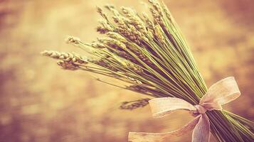 A Rustic Bouquet of Wheat Stalks Tied with a Burlap Ribbon. photo