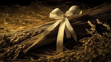 A Bundle of Wheat Stalks Tied with a White Ribbon, Close Up. A Golden-Toned Image of Rustic Harvest Bounty. photo