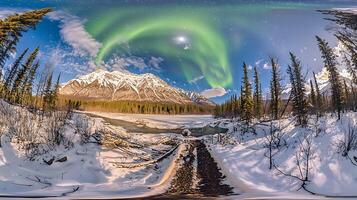 Panoramic Winter Landscape with Northern Lights Display over Snowy Mountains and Frozen River. photo