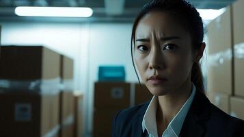 Serious Young Businesswoman in a Warehouse Setting. A close up portrait of a determined Asian woman in a business suit against a background of stacked boxes. photo
