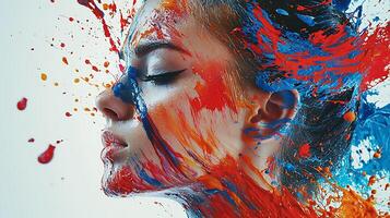 Abstract Portrait of a Woman Immersed in a Colorful Paint Explosion. photo
