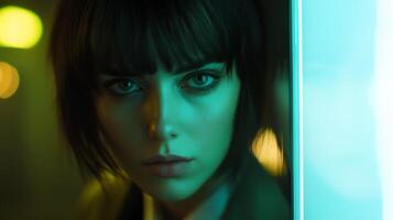 Close up portrait of a young woman with bangs, illuminated by teal and gold lighting. photo