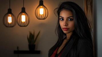 Portrait of a Young Woman with Long Hair, Posing Against a Warmly Lit Background. photo
