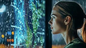 Woman Contemplating Futuristic Data Display in Rain. A close up profile view of a woman's pensive expression as she studies a complex digital interface. photo