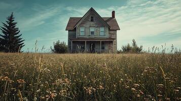 Abandoned Farmhouse in a Wildflower Meadow A Rustic and Atmospheric Image. photo