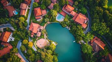 Aerial View of Lakeside Resort Community with Lush Greenery and Red Roofed Buildings. photo