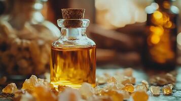 Close Up of Amber Essential Oil in Glass Bottle with Resin Crystals. Aromatic and luxurious image perfect for aromatherapy, beauty, or holistic wellness brands. photo
