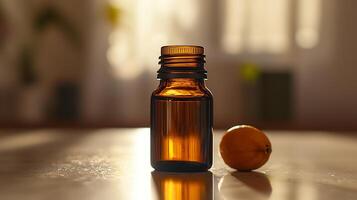 Amber Bottle of Essential Oil with a Lemon on a Table. A close up image of a dark amber glass bottle with essential oil, next to a small lemon, on a reflective surface. photo