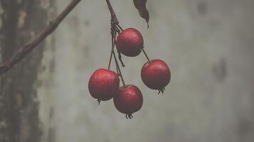 Close Up of Four Red Apples Hanging on a Branch. photo